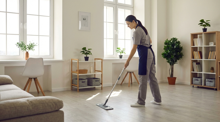 Eine ordentliche, helle Wohnung. Eine Reinigungskraft in professioneller, neutraler Arbeitskleidung wischt mit einem Mopp den Holzboden im Wohnzimmer. Die Szene wirkt sauber, strukturiert und ruhig.