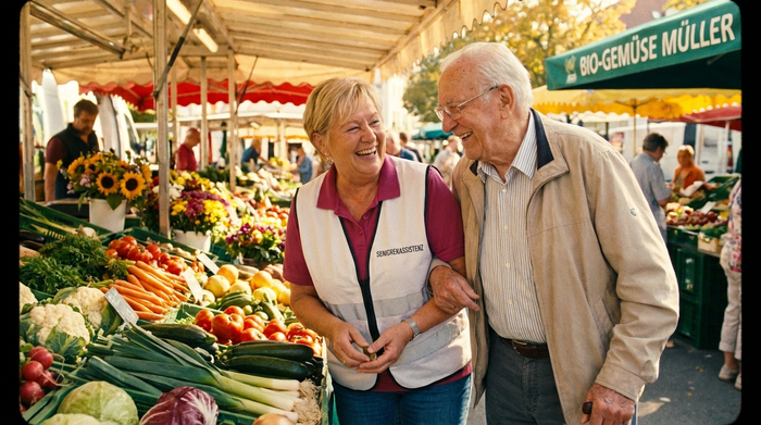 Eine herzliche Seniorenassistentin stützt einen älteren Herrn beim gemeinsamen Einkauf auf einem Wochenmarkt. Beide lachen, während sie frisches Gemüse an einem bunten Marktstand auswählen. Sonniges, freundliches Wetter.
