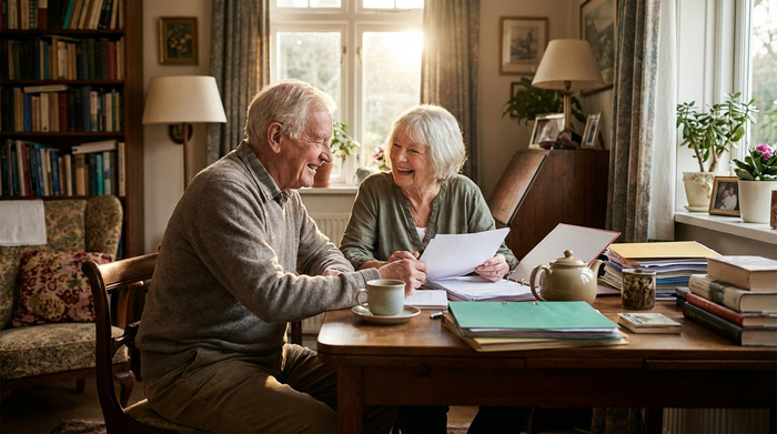 Ein älteres Ehepaar sitzt am Schreibtisch in ihrem Wohnzimmer und bespricht entspannt Dokumente. Eine Tasse Kaffee steht auf dem Tisch. Die Atmosphäre ist erleichtert und positiv, das Licht ist warm und einladend.