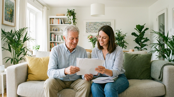 Ein älterer Herr und seine Tochter sitzen auf einem Sofa und schauen sich gemeinsam zufrieden Dokumente an. Ein heller, aufgeräumter Wohnbereich mit Zimmerpflanzen. Entspannte, vertrauensvolle Atmosphäre, realistische Fotografie ohne Text.