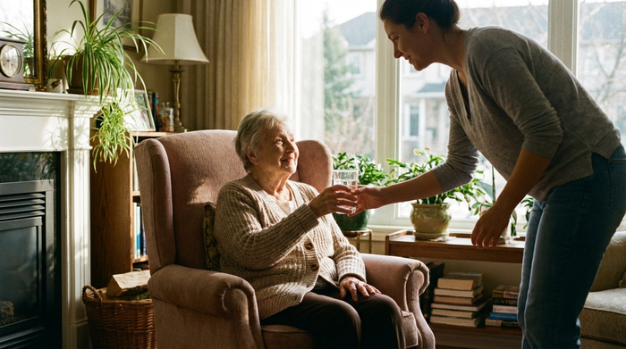 Eine ältere Frau sitzt entspannt in einem bequemen Sessel, während eine fürsorgliche Betreuerin ihr ein Glas Wasser reicht. Helles, freundliches Zimmer mit einem großen Fenster und warmem Licht.