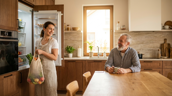 Eine lächelnde Haushaltshilfe räumt frisches Gemüse in eine moderne Küche ein, während der Senior am Küchentisch sitzt und fröhlich zuschaut. Warme Farben, saubere Umgebung, realistische Szene.