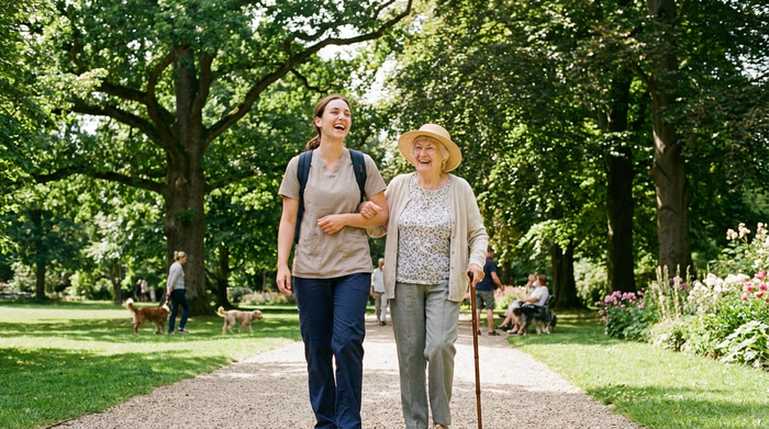 Zwei Frauen, eine jüngere Pflegekraft und eine Seniorin, spazieren fröhlich durch einen grünen Park an einem sonnigen Nachmittag. Hohe Bäume, gepflegte Wege, harmonisches Miteinander.