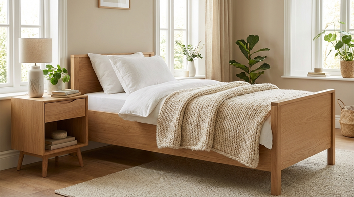 Ein hochwertiges, modernes Pflegebett aus hellem Holz in einem freundlich eingerichteten Schlafzimmer. Das Bett ist ordentlich gemacht mit weißen Kissen und einer warmen Decke. Ein Nachttisch mit einer kleinen Lampe steht daneben. Realistische, saubere Umgebung ohne Text.