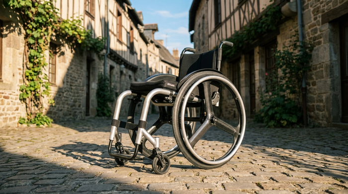 Ein leichter, moderner Rollstuhl aus Aluminium steht auf einem gepflasterten Weg in einer historischen Altstadt mit schönen alten Gebäuden im Hintergrund. Sonniges Wetter, weiche Schatten. Keine Personen im Bild, fokussiert auf das Hilfsmittel. Realistische Fotografie.