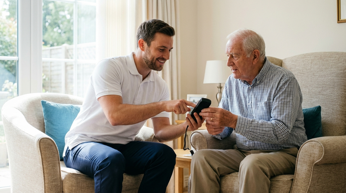 Ein freundlicher Techniker in sauberer Arbeitskleidung erklärt einem älteren Herrn geduldig die Funktionen einer Fernbedienung für ein Pflegebett. Beide befinden sich in einem hellen, aufgeräumten Wohnzimmer. Positive, vertrauensvolle Stimmung, realistische Szene ohne Schriftzüge.