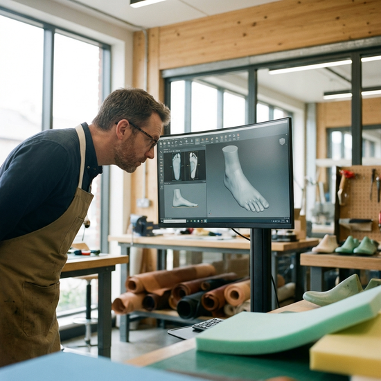 Ein Orthopädieschuhtechniker in einem modernen, hellen Raum betrachtet konzentriert ein 3D-Modell eines Fußes auf einem Computermonitor. Im Hintergrund sind unscharf Werkzeuge und weiche Materialien zu erkennen.