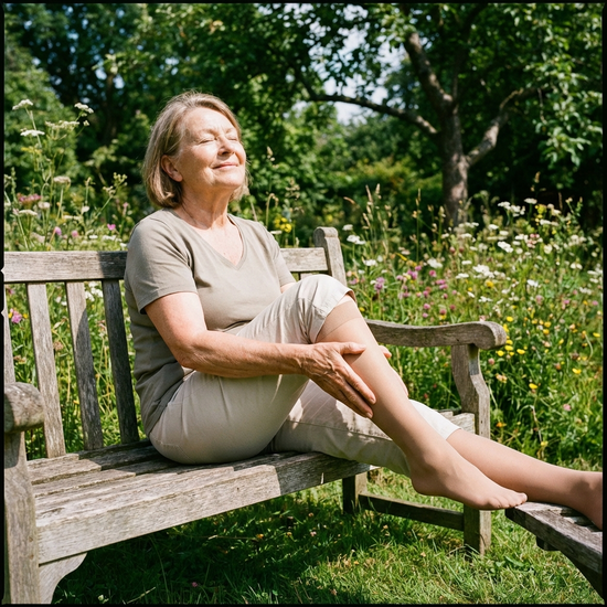 Eine ältere Dame sitzt entspannt auf einer Parkbank im Grünen und massiert sanft ihre Waden. Sie trägt unauffällige, hautfarbene Strümpfe und lächelt zufrieden in die Sonne.