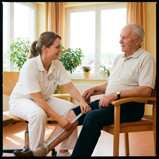 Eine freundliche Fachkraft in weißer Berufskleidung misst mit einem flexiblen Maßband behutsam den Unterschenkel eines älteren Herrn, der bequem auf einem Stuhl sitzt. Helle und vertrauensvolle Klinikatmosphäre.