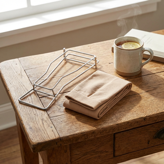 Ein ordentlich gefaltetes Paar Kompressionsstrümpfe liegt neben einer speziellen Anziehhilfe aus Metall auf einem Holztisch. Daneben steht eine Tasse Tee, die eine gemütliche Morgenroutine suggeriert.