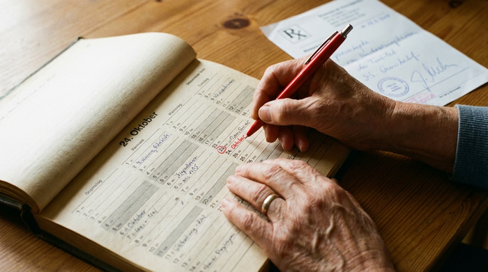 Eine Nahaufnahme von Händen, die sorgfältig einen Wandkalender betrachten und ein Datum mit einem roten Stift markieren. Ein ärztliches Rezept liegt unscharf im Hintergrund auf einem Holztisch.