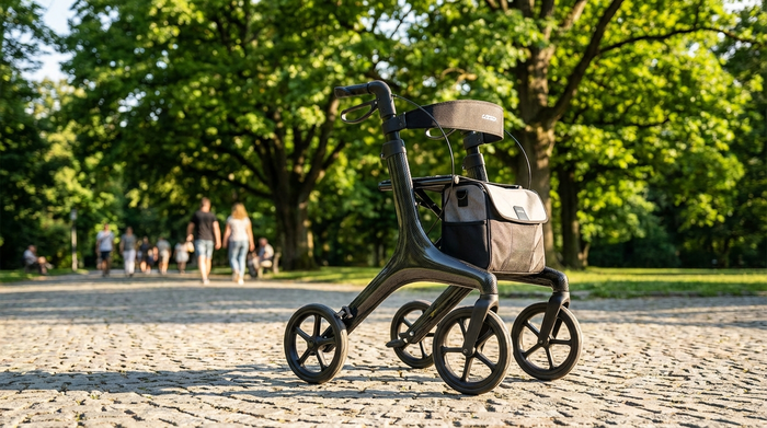 Ein moderner, leichter Carbon-Rollator steht elegant auf einem gepflasterten Weg in einem sonnigen Park. Im Hintergrund spazieren unscharf einige Menschen unter großen, grünen Bäumen.