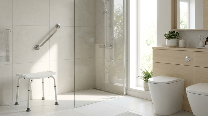 Ein aufgeräumtes, helles Badezimmer mit einer modernen, bodengleichen Dusche und einem stabilen Haltegriff an der Wand. Ein rutschfester Duschhocker steht sicher in der Ecke.