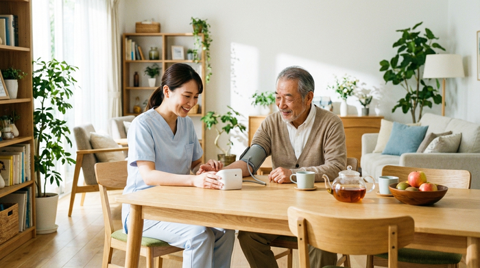 Eine fürsorgliche Pflegekraft misst den Blutdruck eines älteren Herrn am Esstisch. Der Tisch ist aus hellem Holz, der Raum ist hell und freundlich eingerichtet.