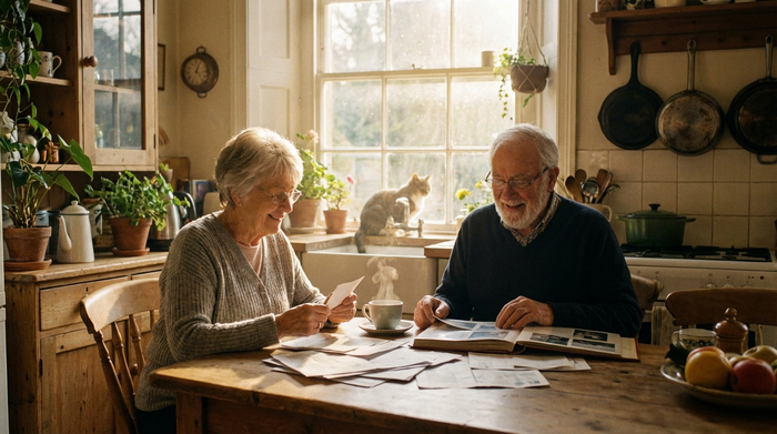 Ein älteres Ehepaar sitzt gemeinsam am Küchentisch und schaut entspannt in Unterlagen. Eine Tasse Kaffee steht auf dem Tisch, sanftes Morgenlicht fällt durch das Fenster.