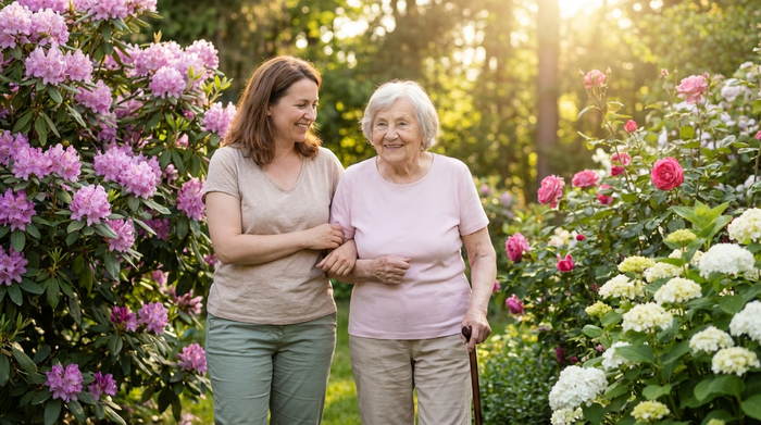 Eine erwachsene Tochter stützt liebevoll ihre ältere Mutter beim Spaziergang im heimischen Garten. Beide lächeln, umgeben von blühenden Büschen und Sonnenschein.