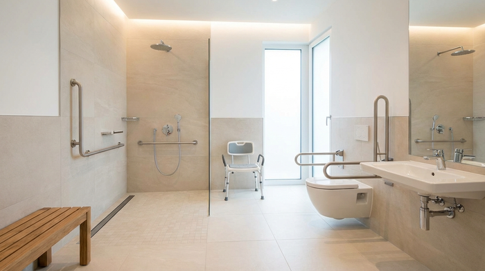Ein modern umgebautes, barrierefreies Badezimmer mit einer bodengleichen Dusche, Haltegriffen an den Wänden und hellen Fliesen. Sauber, sicher und altersgerecht.