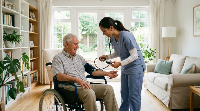 Eine professionelle Pflegekraft misst sanft den Blutdruck eines älteren Herrn im Rollstuhl in einem hellen, aufgeräumten Wohnzimmer mit großen Fenstern.