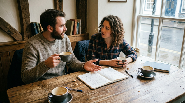 Zwei erwachsene Geschwister sitzen an einem rustikalen Holztisch, trinken Kaffee und besprechen konzentriert ihre Notizen in einem aufgeschlagenen Notizbuch.
