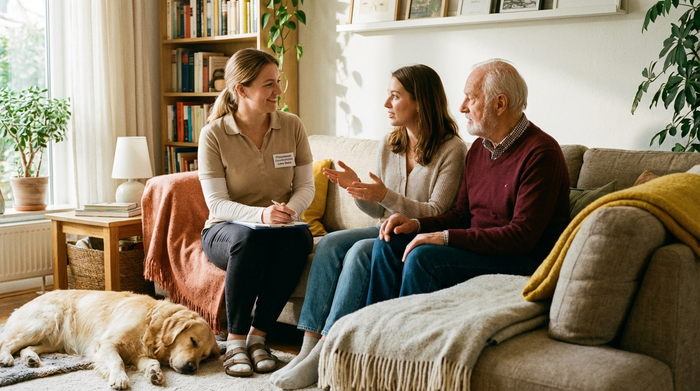 Eine freundliche Pflegedienstleiterin im Gespräch mit einer Tochter und ihrem älteren Vater auf einem gemütlichen Sofa, sie hört aufmerksam zu und nickt verständnisvoll.