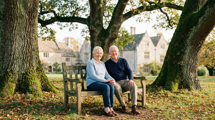Ein entspanntes älteres Ehepaar sitzt auf einer Parkbank im Grünen, umgeben von alten Bäumen, während im Hintergrund historische Architektur leicht verschwommen sichtbar ist.