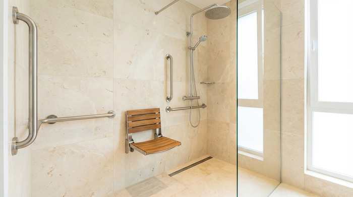 Eine moderne, barrierefreie und ebenerdige Dusche in einem hell gefliesten Badezimmer, ausgestattet mit stabilen Haltegriffen aus Edelstahl und einem bequemen, klappbaren Duschsitz.