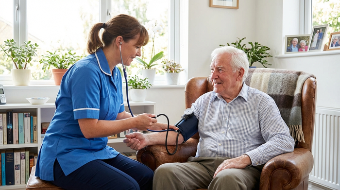 Eine engagierte Pflegekraft misst sanft den Blutdruck eines älteren Herrn, der bequem in seinem Sessel sitzt. Helles Tageslicht fällt durch das Fenster, saubere und aufgeräumte Umgebung.