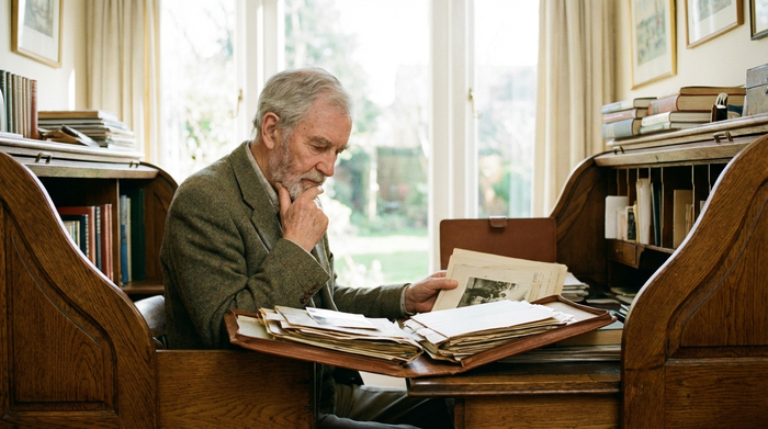 Ein älterer Herr mit grauem Haar sitzt nachdenklich, aber gefasst an einem Schreibtisch und betrachtet eine aufgeschlagene Mappe. Im Hintergrund ein unscharfes, helles Fenster. Ruhige, aufgeräumte Szene ohne Text.