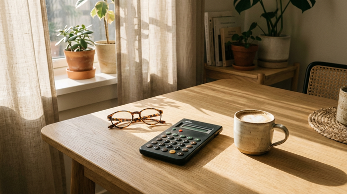 Ein eleganter Taschenrechner und eine Lesebrille liegen auf einem hellen Holztisch neben einer weißen Tasse Kaffee. Weiches Sonnenlicht fällt durch das Fenster. Gemütliche und ordentliche Umgebung.