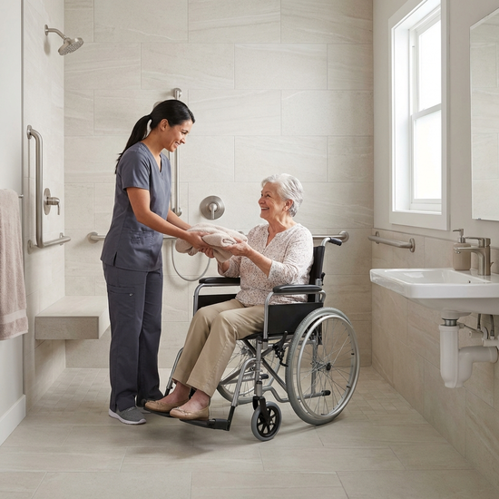 Eine freundliche Pflegekraft reicht einer lächelnden Seniorin in einem modernen, barrierefreien Badezimmer ein weiches Handtuch. Helle Fliesen, sichere Haltegriffe an der Wand. Harmonische und würdevolle Pflegesituation.