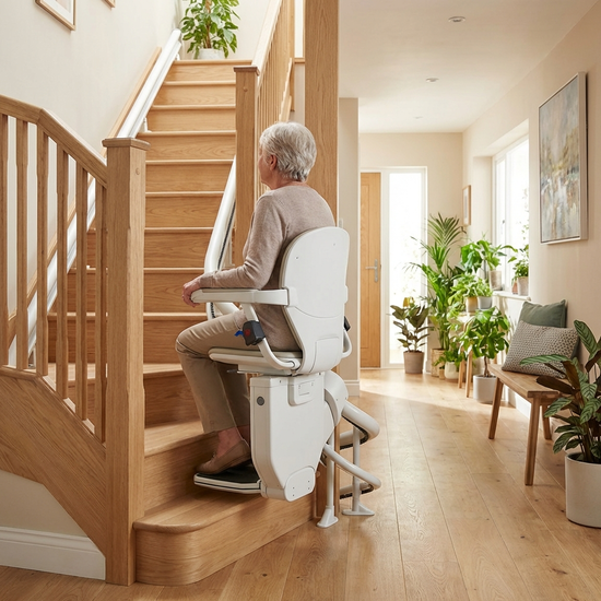 Ein moderner, unauffälliger Treppenlift fährt an einer hellen Holztreppe in einem gepflegten Einfamilienhaus. Im Hintergrund ein einladender Flur mit grünen Zimmerpflanzen. Fokus auf Sicherheit und Barrierefreiheit.