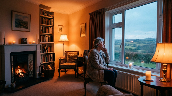 Ein gemütliches Wohnzimmer bei Dämmerung, eine ältere Person schaut nachdenklich aus dem Fenster in die Ferne. Sanfte, melancholische Beleuchtung, realistische Szene ohne Text, aufgeräumtes Interieur.