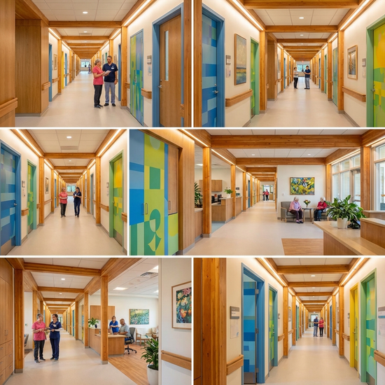 Ein heller, endloser Flur in einer modernen Pflegeeinrichtung mit farbigen Türen und biodynamischem Licht. Keine Sackgassen, freundliche und einladende Architektur mit warmen Holztönen.