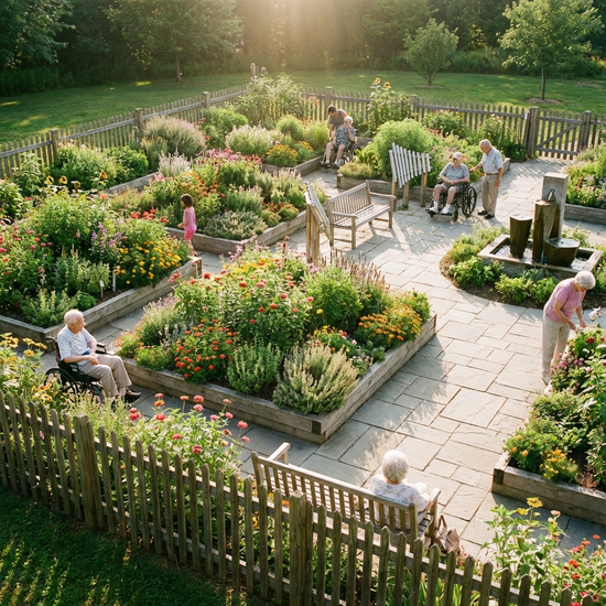Ein blühender Sinnesgarten mit unterfahrbaren Hochbeeten, bunten Blumen und einem sicheren Holzzaun. Sonniges Wetter, friedliche Stimmung, ein gepflasterter Spazierweg führt durch das Grün.