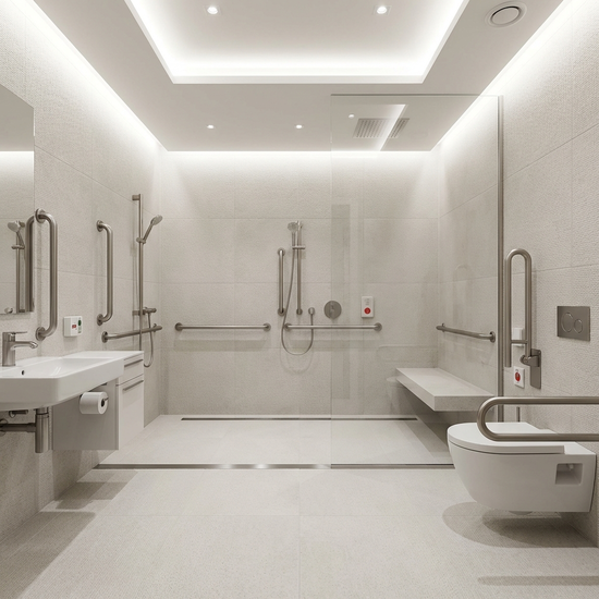 Ein modernes, barrierefreies Badezimmer mit einer ebenerdigen Dusche, eleganten Haltegriffen an den Wänden und hellen, rutschfesten Fliesen. Hell beleuchtet und sehr sicher gestaltet.