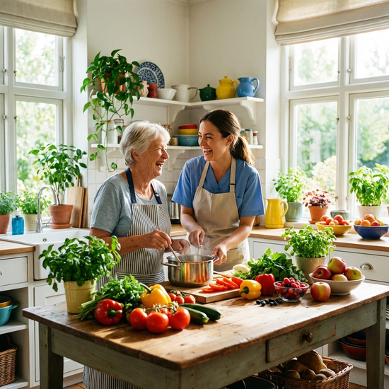 Eine ältere Frau und eine jüngere Betreuerin kochen gemeinsam in einer hellen, freundlichen Küche. Beide lachen herzlich, frisches Gemüse und Obst liegen auf dem Holztisch.