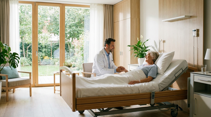 Ein freundlicher Arzt in einem weißen Kittel spricht beruhigend mit einer älteren Patientin, die in einem modernen Krankenhausbett liegt. Helles, sauberes Krankenzimmer mit großen Fenstern und Tageslicht.