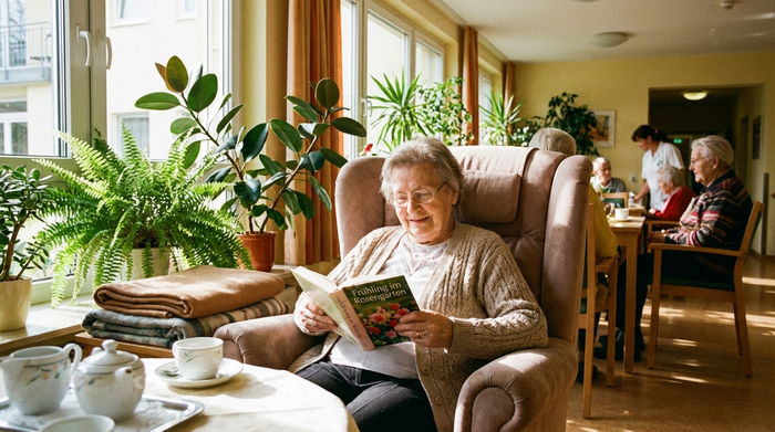 Eine ältere Dame sitzt entspannt in einem hellen, freundlichen Sessel einer Kurzzeitpflegeeinrichtung und liest ein Buch. Gemütliche Atmosphäre mit grünen Zimmerpflanzen und warmem Sonnenlicht.