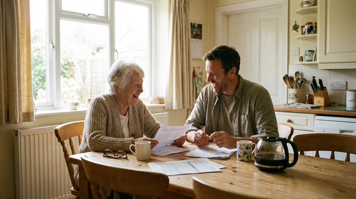 Eine ältere Frau und ihr erwachsener Sohn sitzen gemeinsam an einem Esstisch und besprechen entspannt Unterlagen bei einer Tasse Kaffee. Helles Tageslicht fällt durch das Fenster.