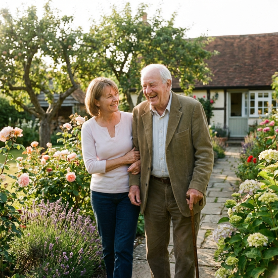 Eine sympathische Pflegekraft unterstützt einen lächelnden älteren Herrn beim Gehen im eigenen, sonnigen Garten. Vertraute, harmonische Umgebung mit blühenden Blumen.