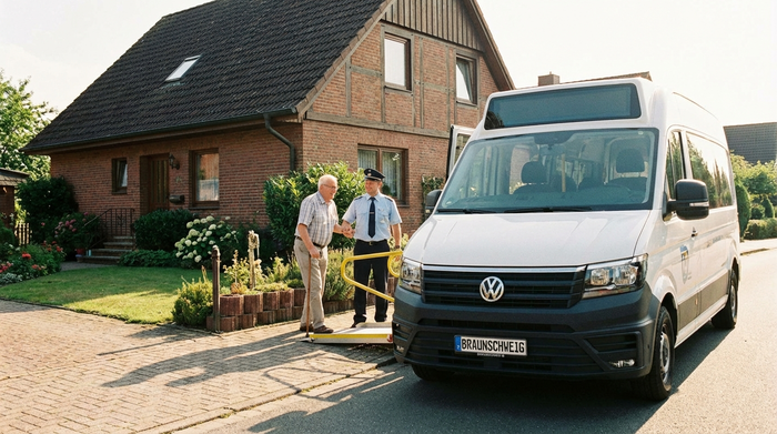 Ein moderner, rollstuhlgerechter Kleinbus steht vor einem gepflegten Einfamilienhaus in Braunschweig. Ein freundlicher Fahrer hilft einem lächelnden älteren Herrn mit Gehstock beim Einsteigen. Sonniges Wetter, realistische Szene, ohne Text.