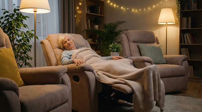 Ein gemütlicher Ruheraum für Senioren mit bequemen, verstellbaren Sesseln. Eine ältere Dame ruht sich entspannt aus, eingekuschelt in eine weiche Decke. Gedimmtes, beruhigendes Licht, grüne Zimmerpflanzen im Hintergrund. Realistisch, ohne Text.