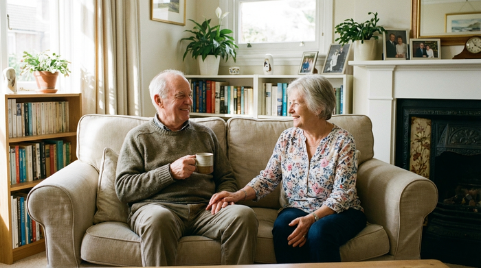 Ein älteres Ehepaar sitzt entspannt auf dem Sofa im eigenen Wohnzimmer und lächelt sich glücklich an. Der Mann hält eine Kaffeetasse. Die Atmosphäre ist ruhig, aufgeräumt und geborgen. Realistische Szene, ohne Text.