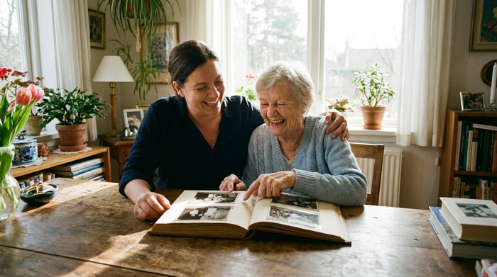 Eine einfühlsame Pflegekraft sitzt mit einer demenzkranken Seniorin an einem Holztisch. Sie betrachten gemeinsam ein altes Fotoalbum und lachen herzlich. Warme, vertrauensvolle Atmosphäre in einem hellen Raum. Realistisch, ohne Text.