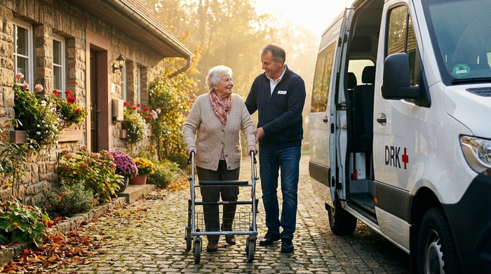 Ein geduldiger Fahrer begleitet eine ältere Dame mit Rollator auf einem gepflasterten Weg von ihrer Haustür zum wartenden Transportfahrzeug. Warme, vertrauensvolle Stimmung im morgendlichen Sonnenlicht.
