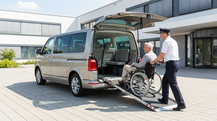 Ein moderner Kleinbus mit ausgefahrener Rampe am Heck. Ein Fahrer schiebt behutsam einen Senior im Rollstuhl in das geräumige Fahrzeuginnere. Helles Tageslicht, saubere und professionelle Umgebung.