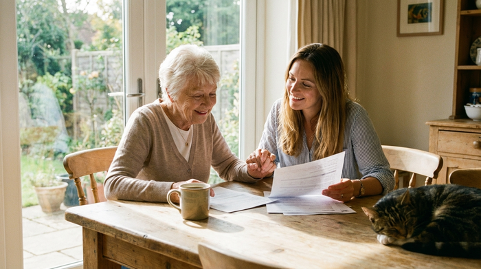 Eine ältere Frau und ihre Tochter sitzen gemeinsam an einem hellen Esstisch und schauen entspannt auf einige Unterlagen. Eine Tasse Kaffee steht auf dem Tisch, friedliche und erleichterte Atmosphäre.