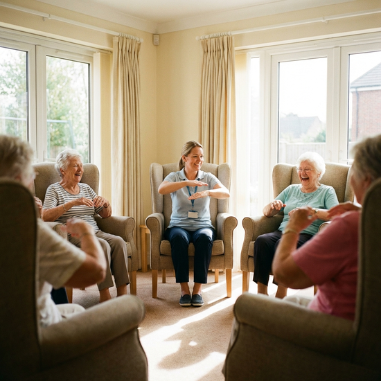 Senioren bei der leichten Morgengymnastik im Sitzen. Ein heller Raum mit bequemen Stühlen im Kreis. Eine freundliche Trainerin macht sanfte Armbewegungen vor. Fokus auf die fröhlichen Gesichter der älteren Menschen.
