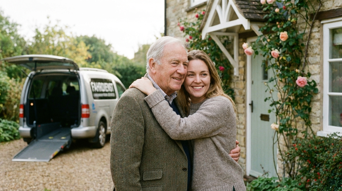 Eine erwachsene Tochter umarmt ihren älteren Vater liebevoll vor der Haustür. Beide wirken entspannt und glücklich. Im Hintergrund ein unscharfer, rollstuhlgerechter Kleinbus des Fahrdienstes im weichen Nachmittagslicht.