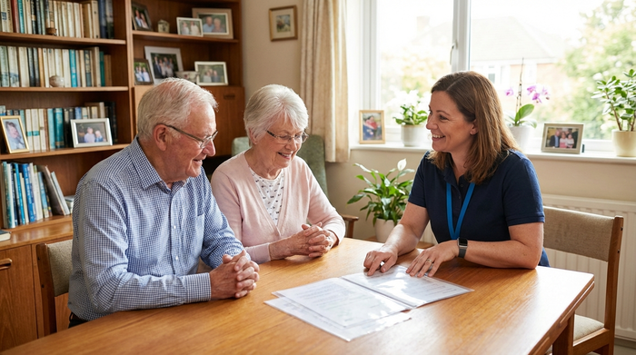 Ein älteres Ehepaar sitzt mit einer freundlichen Pflegeberaterin an einem Tisch im heimischen Wohnzimmer. Auf dem Tisch liegen übersichtliche Dokumente. Die Beraterin erklärt geduldig, die Senioren nicken verständnisvoll.